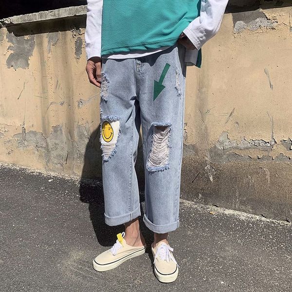 

men's high street summer straight ripped jeans man 2020 fashion hip hop hole jeans joggers male loose male denim pants, Blue