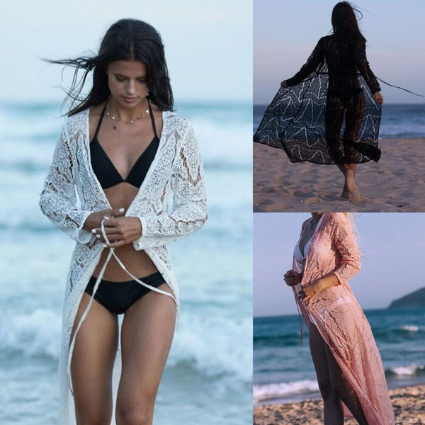 

2019 women cover-ups long open front lace cardigan beach long sleeve bikini cover solid bandage fashion, Blue;gray
