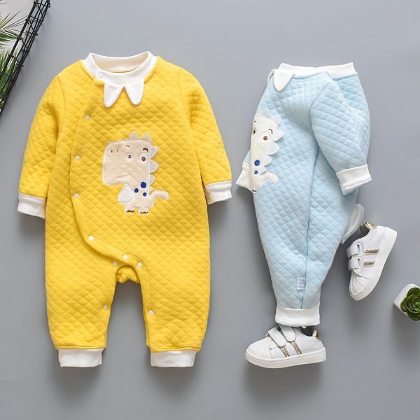 

2019 new born baby cartoon rompers autumn winter warm cotton jumpsuit cartoon long sleeve dinosaur clothes boys girls pajamas, Blue