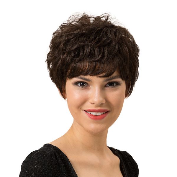 

8 inch short curly fluffy women human hair side part safe full wigs, real human hair material, Black