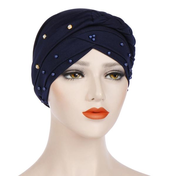 

braid faux pearl muslim women cross turban hat solid color cap hijab headwrap, Blue;gray