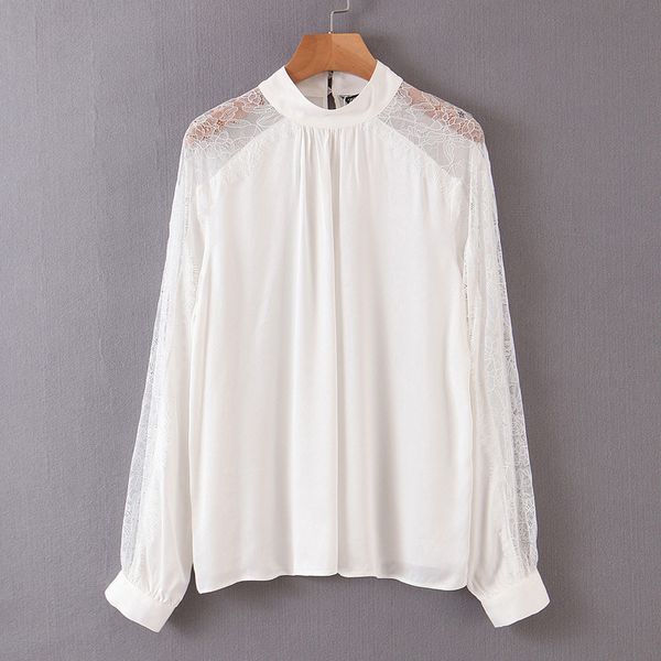 

chic lace spliced blouse women fashion casual loose o neck elegant ladies long sleeve shirts, White