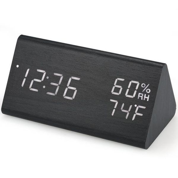 Madeira Alarme Digital LED Clock Alarm Clock USB / Battery Powered Dimmer interior termômetro higrômetro relógio com controle de som