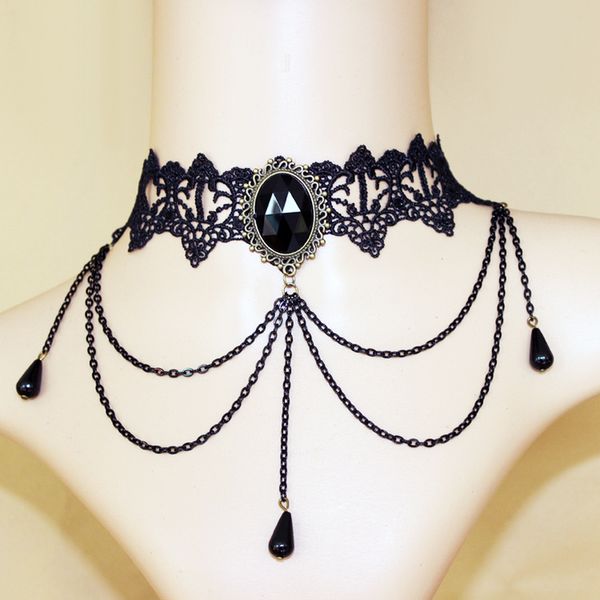 

черный винтаж кружева кристалл падение кулон цепь кисточкой женщины ожерелье панк элегантный воротник гот chocker крутящие моменты партии юв, Golden;silver