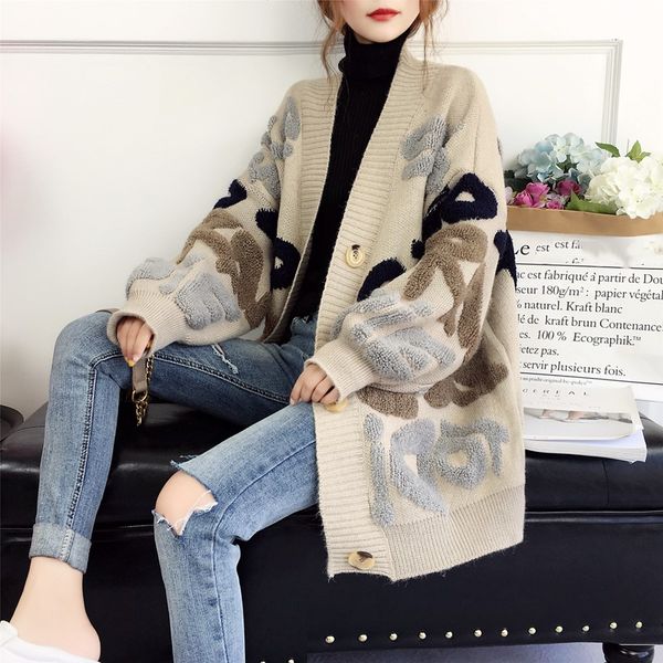 

2019 sweater female cardigan knitted korean winter clothes loose women's thick plus size harajuku letter coat, White