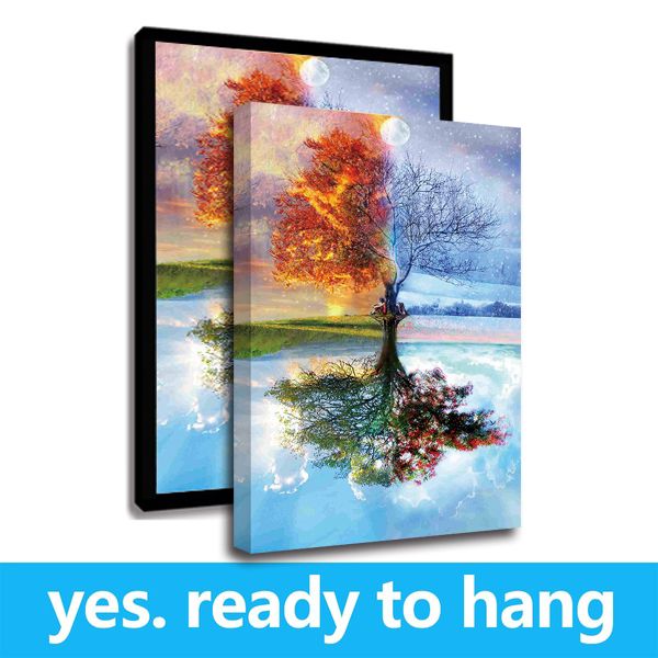 

framed canvas wall art four seasons tree landscape oil painting on canvas print painting calligraphy for home decor - ready to hang