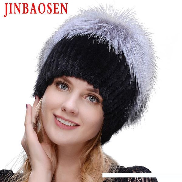 

jinbaosen 2019 women's winter mink hat real silver fox warm ski natural knit fur cap brand fashion russian style y200103, Blue;gray