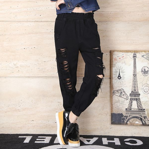 

fashion street mom ripped black jeans loose high waist elastic pants destroyed jeans plus size denim harem pants cut out, Blue