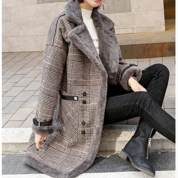

fashion brand elegant plaid wool blend coat spring winter coat overcoat women patchwork covered warm woolen, Black
