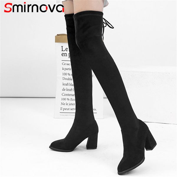 

smirnova fashion 2020 simple thigh high boots ladies pointed toe suede leather woman boots winter over the knee, Black