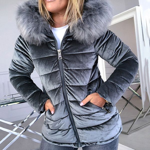 

winter velvet jacket women warm cotton padded jackets gray pink hood fur collar fashion basic outerwear woman coat plus size 4xl, Black