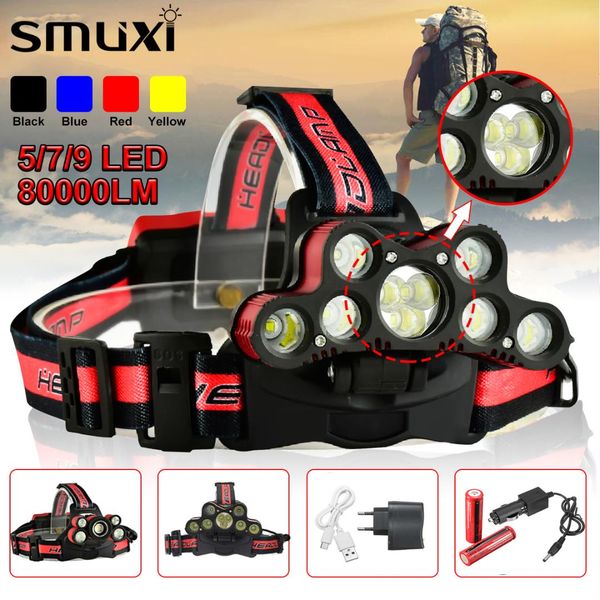 

smuxi led headlamp 80000lm 5/7/9 led t6 headlight head torch forehead usb rechargeable head lamp fishing headlights