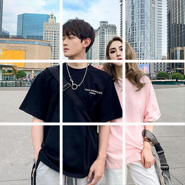 

east gate large size round collar couple flower short-sleeved t-shirt casual loose fashion east gate large size round collar couple flow, White