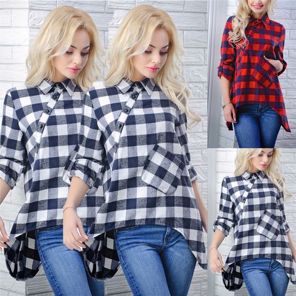 

summer autumn 2018 plus size xl irregular plaid shirt female long sleeve shirt fashion bodycon leisure chiffon blouse, White