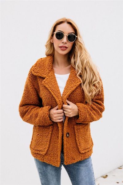 

одежда твердые женские дизайнерские искусственный мех fashionaon однобортные женские повседневные осенне зимние пальто большой карман теплый, Black