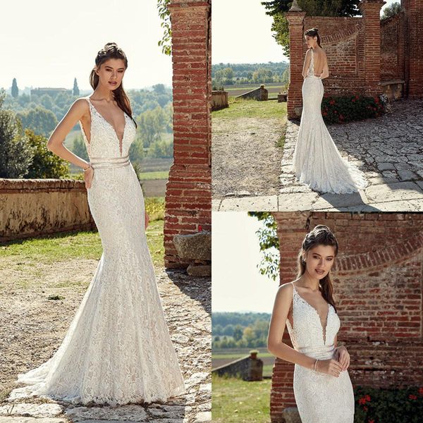 

2019 eddy k русалка свадебные платья полный кружева глубокий v шеи развертки поезд свадебные платья страна чешский пляж сад vestido де novia, White