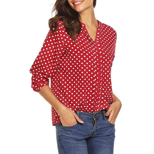 

plus size fashion polka dot print women shirt v neck long sleeve loose blouse, White