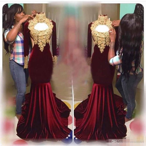 

2020 gold appliques burgundy prom dresses high neck long sleeve velvet mermaid formal evening party gown custom made, Black