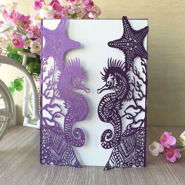 

50pcs /lot sea horse and starfish pattern beach theme wedding invitation cards engagements beach and sea party grand events supplies, Black
