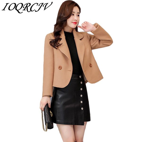 

women short woolen coat autumn winter 2019 new slim elegant lapel solid color long sleeve warm woolen coat jacket outwear, Black