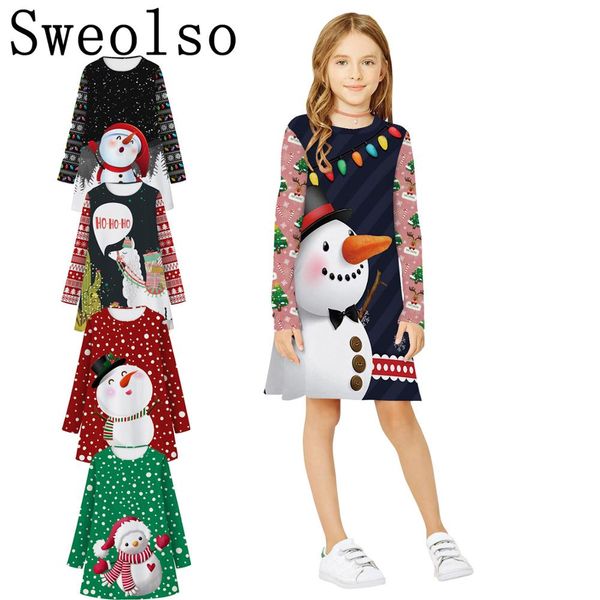 

sweolso new year casual long sleeve girls dresses chidren dot red party clothes costume christmas snowman print girl dress 4-8 y, Black;gray