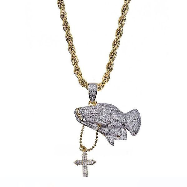 

молитва рука с ожерельем креста iced out full циркон ожерелье hip hop gold chain для мужчин christian ювелирных изделий, Silver