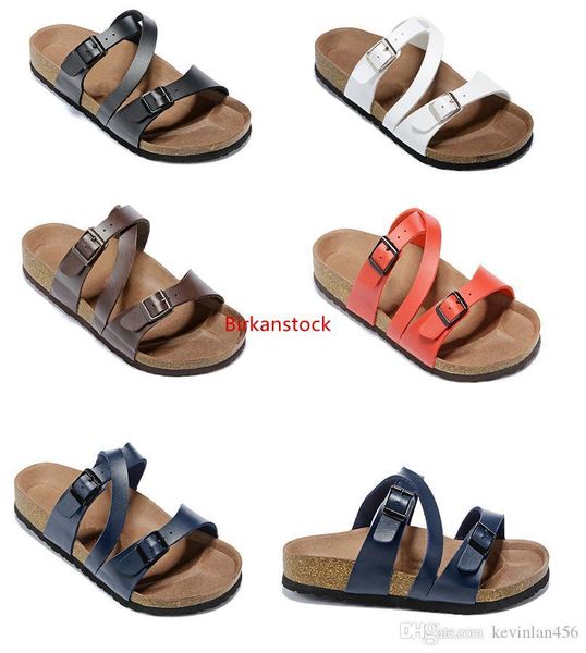

new cow leather slippers white red mens flat sandals women shoes two buckle fashion design arizona summer beach with orignal box