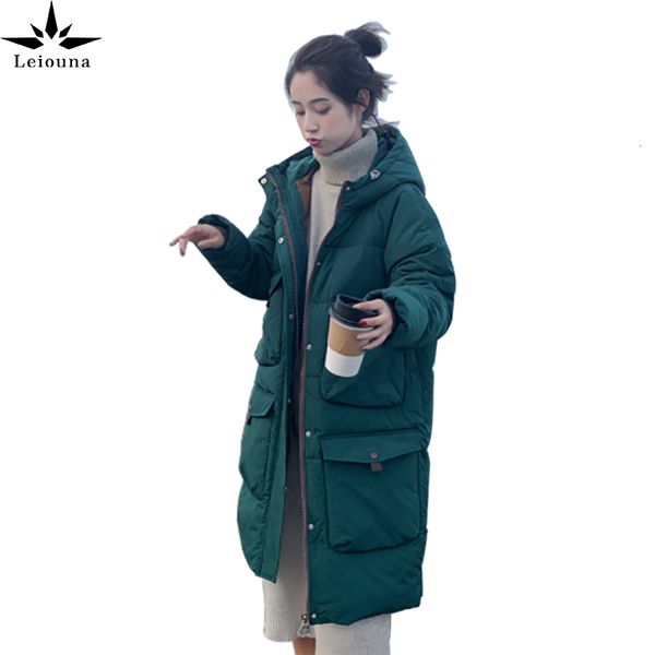 

leiouna winter new hooded solid parkas casual long thick hood warm black womens streetwear fashion slim cotton coat, Tan;black
