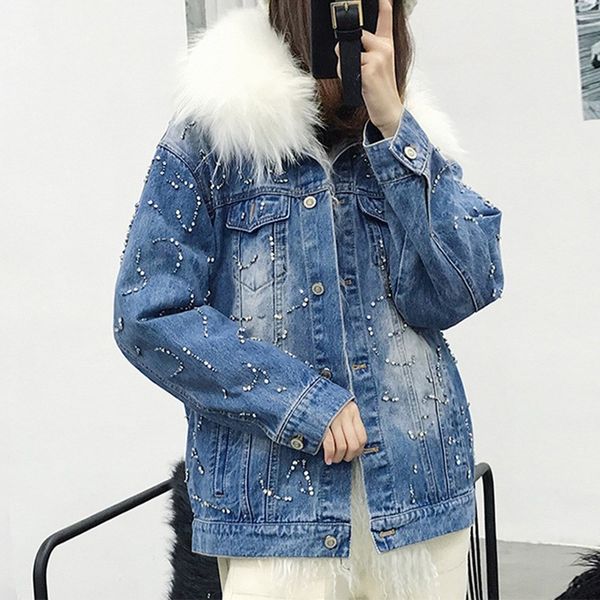 

pearls beading denim jacket parka women single breasted long sleeve jean jackets and coats warm loose parka, Black
