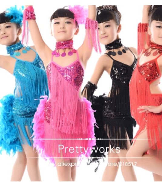 

new children kids sequin feather fringe stage performance competition ballroom dance costume latin dance dress for girls, Black;red