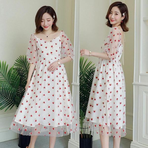 

chiffon floral maternity ptegnancy dress short sleeve summer dress for pregnant women maternity-dress pregnancy clothes outfits, White