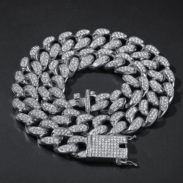

hip hop bling цепи ювелирные изделия мужчины 14k позолоченный iced out цепочки браслеты колье серебро майами кубинский link chain 2см, Silver