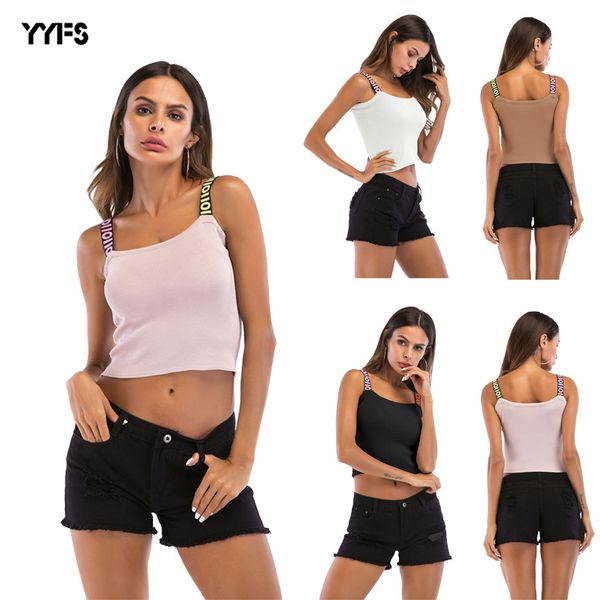 

european and american short letter strap knitted bottoming sports vest womens summer wear 2020 new slim fit, Black;white