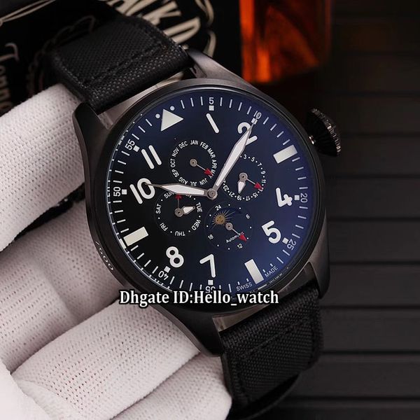 

new 44mm iw503801 pvd black steel case perpetual calendar complex functions moon phase black dial automatic mens watch leather strap, Slivery;brown