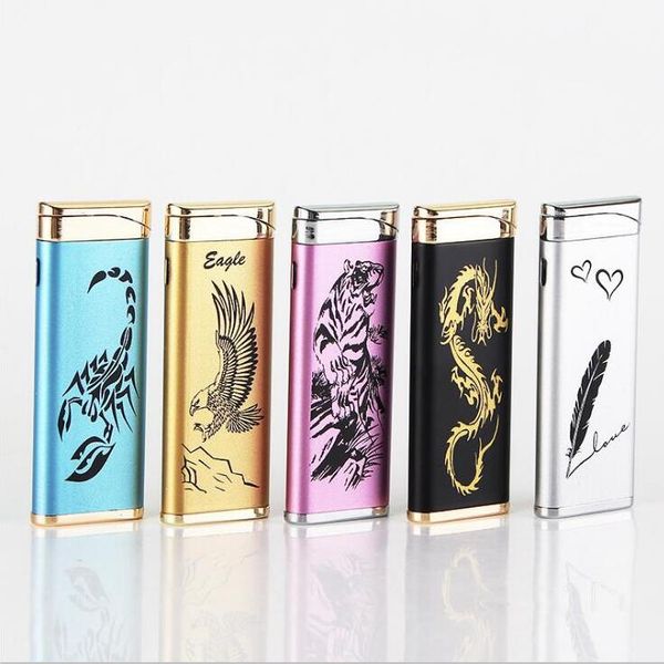 

Новейший супер тонкий ветрозащитный Бутан зажигалка без газа сигареты струи прямо курить металлические зажигалки инструмент Орел Тигр Дракон шаблон