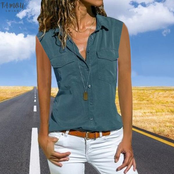 

women casual solid sleeveless turn down collar pockets button shirt womens and blouses lady tee shirt femme, White
