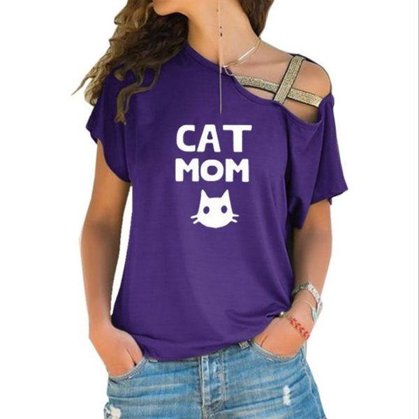 

кошка мамы письмо печатается футболка европейские и американские диагонального плечо нерегулярных женщины летом крест короткого рукав пригра, White