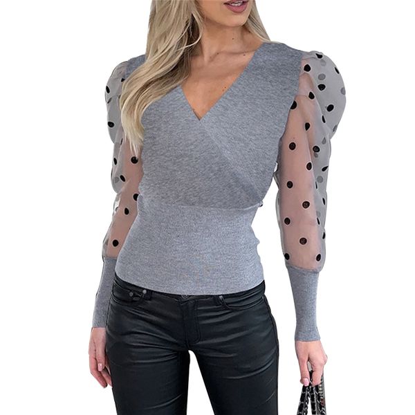 

new women polka dot blouse mesh sheer puff sleeve shirt ladies v neck casual blouse women shirts blouses roupas femininas, White