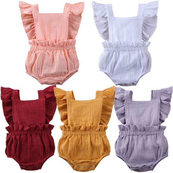 

0-24M Newborn Baby Girls Bodysuits Lace Bowknot Ruffles Short Sleeve Solid Jumpsuit Outfits Clothes Summer