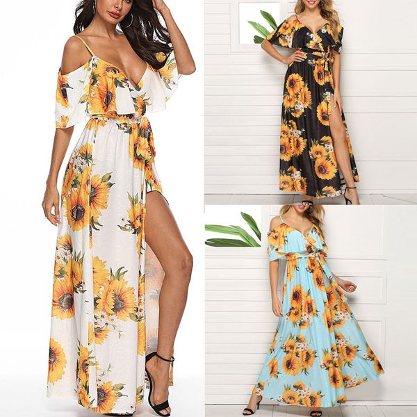 

summer dress 2019 women sunflower printed short sleeve v-neck clod shouder camis split dress for party night robe femme 41, Black;gray