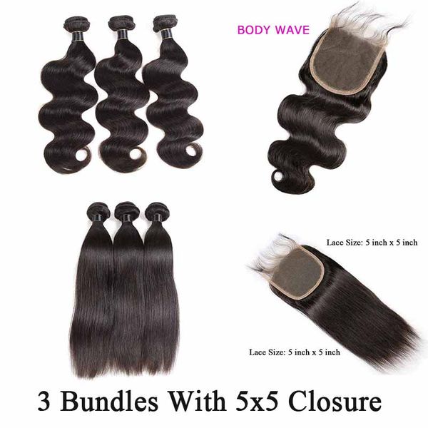 

бразильские волосы плетение straight 3 пачки с 5x5 lace closure объемная волна человеческих волос пучки с 5x5 шнурок закрытие человеческих в, Black