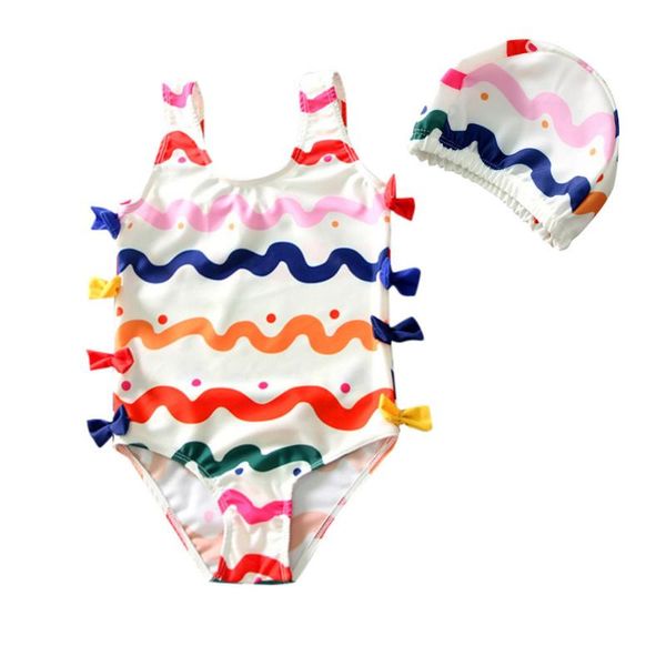 

summer toddler infant kids baby girls' sleeveless cute striped bowknot one-piece swimsuit bodysuit swimming cap outfits set#p4, White