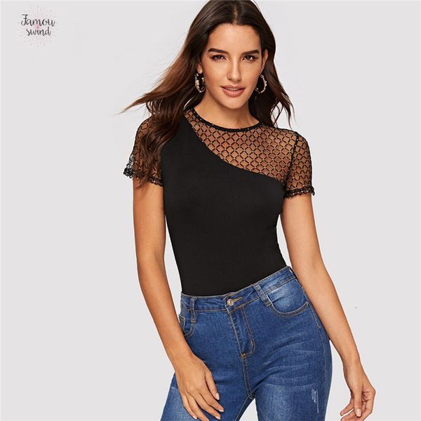 

black t shirt solid rhinestone mesh shoulder casual fitted preppy women spring short sleeve form and tees, White