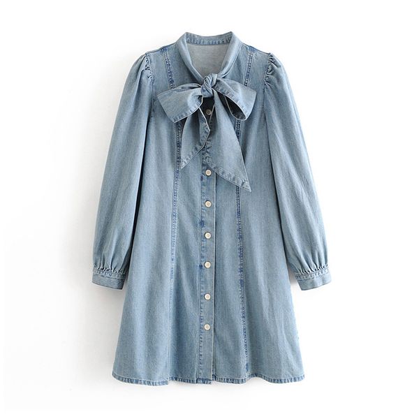 

women fashion a line denim mini dress 2020 ladies bow tie collar chic party dresses puff long sleeve high street button up dress, Black;gray