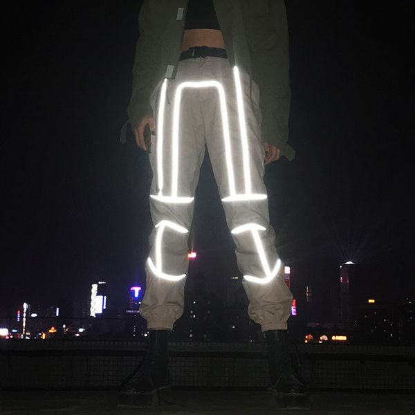 

3m reflective pants for women spring autumn hiphop ins pencil pants skateboard casual jogger pants, Black;white