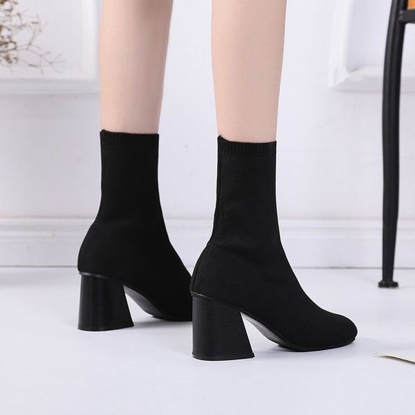 

lzj new 2020 autumn winter new knitted elastic socks boots solid medium heeled short boots women point toe ankle boot, Black