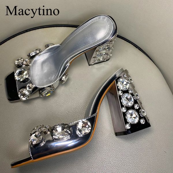 

crystal embellished summer high-heeled sandals silver mirror leather wedding sandals plus size bridal shoes women slippers, Black