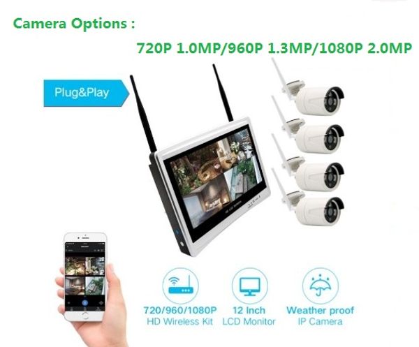 Tak ve Çalıştır 4CH WiFi Kamera 12 '' LCD Kablosuz Monitör NVR CCTV Güvenlik Sistemi H.265 4 Kanal Gözetim Seti