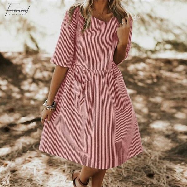 

women loose striped knee-length dress summer casual o neck half sleeve knee-length dress ladies 2019 pocket fashion party dresses 5xl, Black;gray