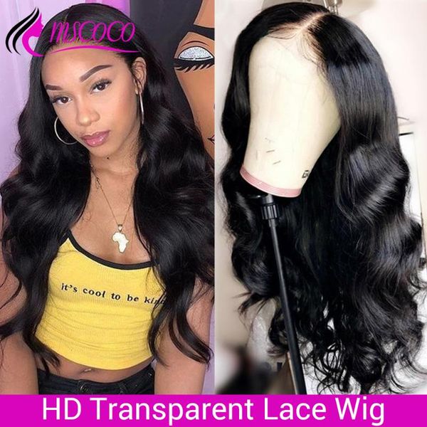 

mscoco hd transparent lace wigs body wave lace front human hair wigs 150 180 250 density remy brazilian hd frontal wig, Black;brown